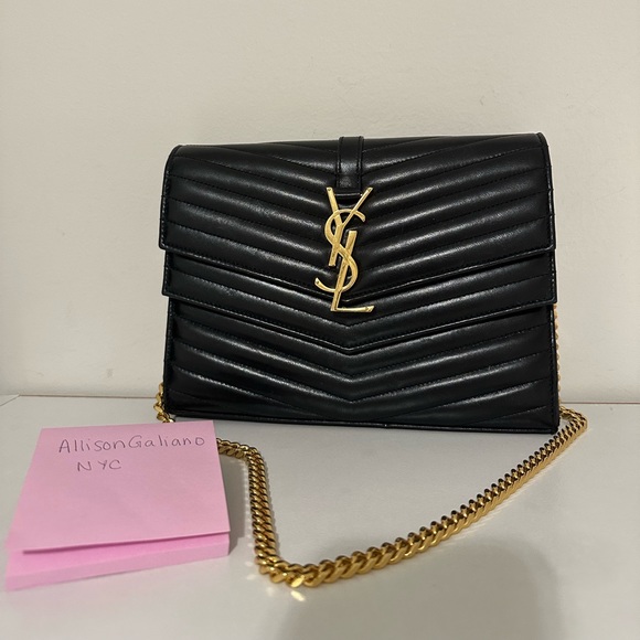 YSL Sulpice Black Quilted Double Flap Wallet on a Chain - Picture 5 of 16